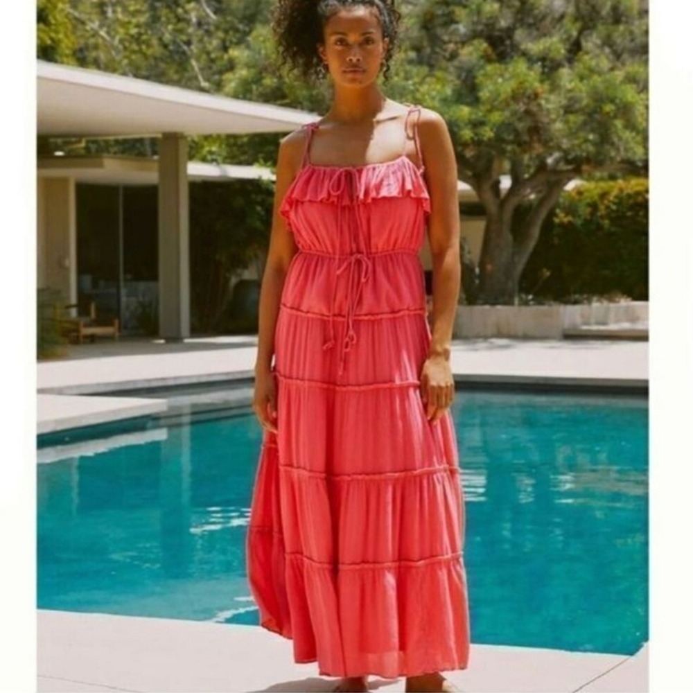 Anthropologie Pink Tiered A-line Maxi Dress Coral Flowy Tie Strap Ruffle Medium‎